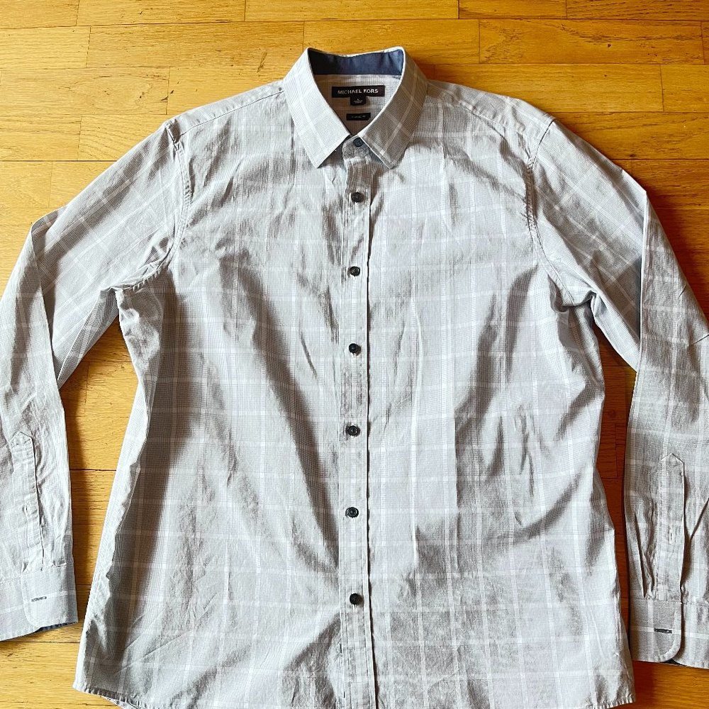 MICHAEL KORS BUTTON DOWN LONG SLEEVE SHIRT SIZE L CLASSIC FIT GREY WHITE